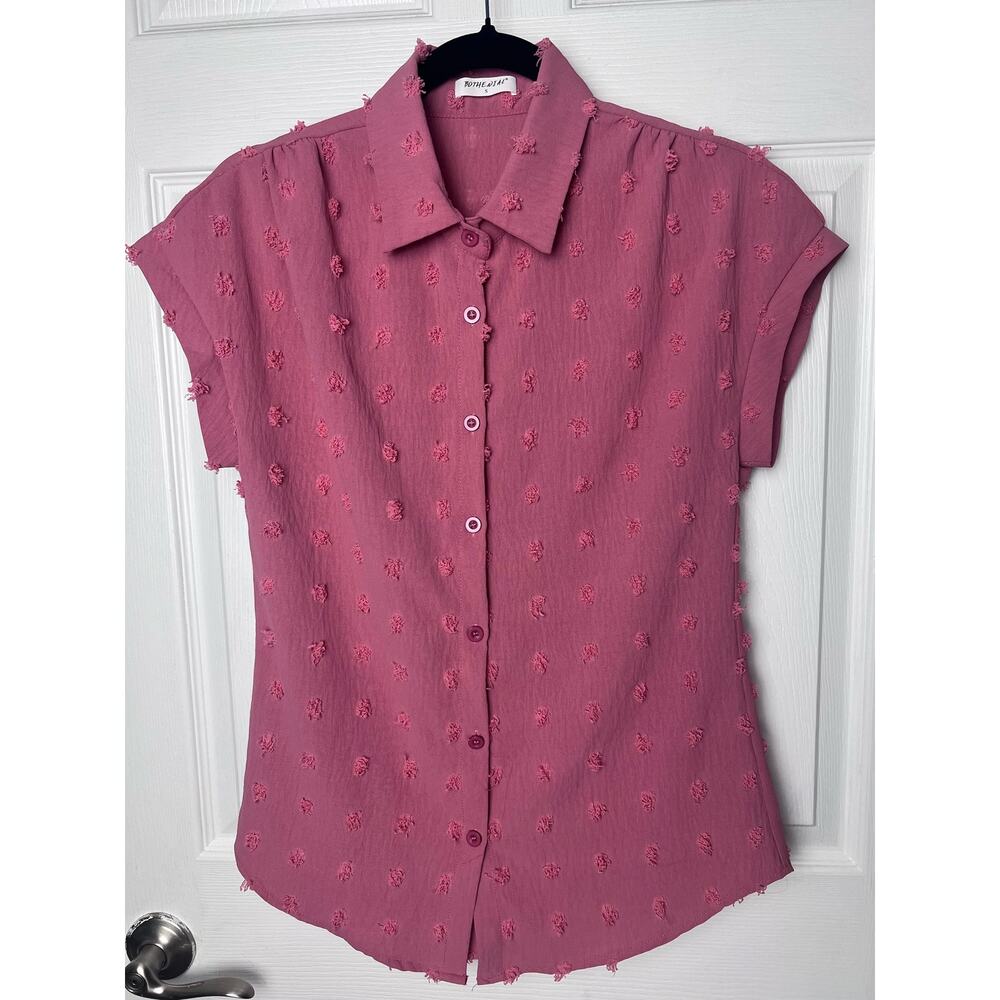 Bothenial Blouse Pink Textured Dots Collared Short Sleeve Shirt Size Small